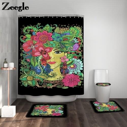 Women Printing Bath Mat Set Waterproof Shower Curtain and Bathroom Carpet Set Non-slip Floor Mat Home Decor Toilet Mat Set