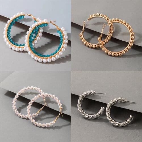 Docona Charms Colorful Seed Beaded Pearl Hoop Earrings for Women Bohemia Hollow Heart Broken Stone Metal Party Jewelry сережки