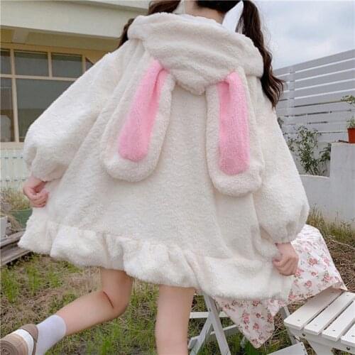 Autumn Winter Fluffy hoodies Women Cute Rabbit ear Hooded Sweatshirts for Women Warm harajuku zipper hoodies outwear Fleece coat