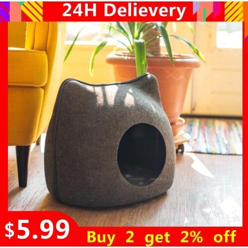 Portable Cat Shape Pet Bed Cat Cave Sleeping Bag Zipper Egg Shape Felt Cloth Pet House Nest Cat Basket with Cushion