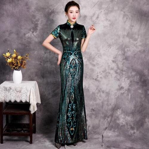 Oversize 5XL Green Sequins Cheongsam Women Slim Qipao Velour Stage Show Dress Short Sleeve Chinese Dress Elegant Mermaid Dress