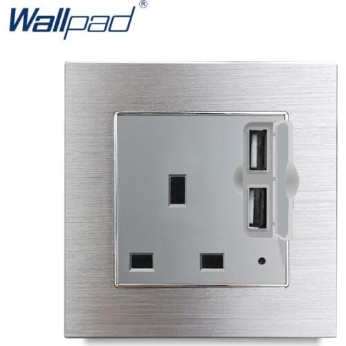 13A UK Socket with Double USB Charging Port with LED Indicator Wallpad Silver Metal UK socket with 2 USB Ports