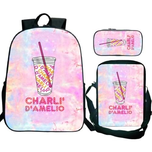 Kids Charli Damelio Backpack 3Pcs/set with Pencil Case Crossbody Bags Boys Girls Teens School Bags Mochila Students Knapsacks
