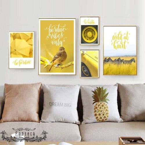 Nordic Yellow Theme Still Life Canvas Painting Car Umbrella Bird Zebra Poster and Prints Wall Art Pictures for Living Room Decor