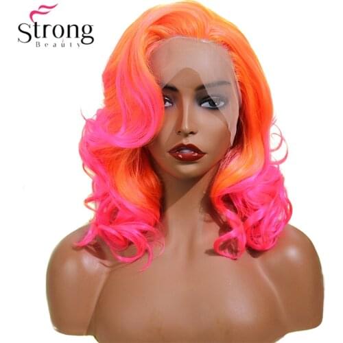 StrongBeauty Lace front wig Orange Pink Synthetic lace Wig With Side Parting 14 Inch Drag Queen Short Wavy Wig