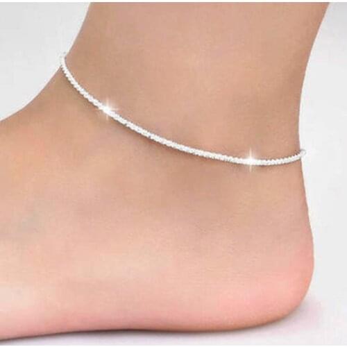 Thin 925 stamped silver plated Shiny Chains Anklet For Women Girls Friend Leg Bracelet Barefoot Foot Jewelry anklets for women