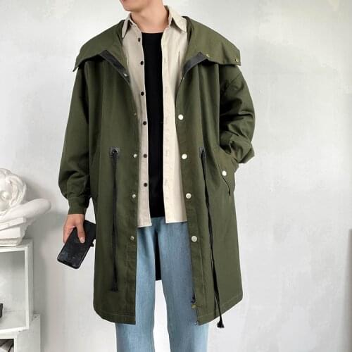 New Autumn Long Trenchcoat Mens Fashion Black White Hooded Windbreaker Button Pocket Trench Coat Streetwear Youth Clothes
