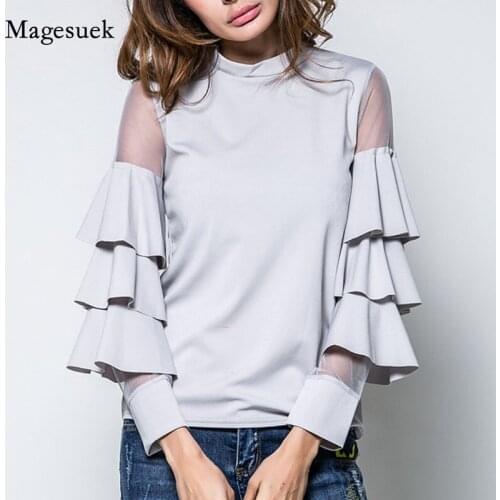 Korean O-neck Clothes Sweet Cotton Early Autumn New Cake Layer Trumpet Long Sleeve Womans Blouses Mesh Womans Shirts 12437