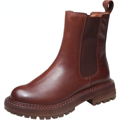 Genuine Cow Leather Women Chelsea Anckle Boots With Elastic Rubber Outsole Round Toe By Handmade Size 35-42 Womens Boots