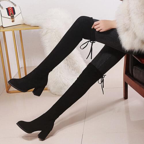 Off-Bound Women Stretch Suede Boots Winter Over-the-Knee High Heels Female Thick Heel Knight Long Boots Furry Sexy Party Shoes