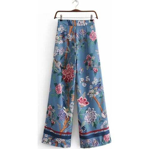 PERHAPS U Women Vintage Floral Print Empire Bohemian Holiday Empire Long Pants Pockets Wide Leg Pants Loose Summer P0039