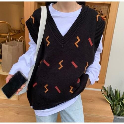 Knitted Sweater Vest Women 2021 Korean Style Cute Letters Pattern V Neck Sleeveless Pullover Waistcoat Jumper Tank Top T563