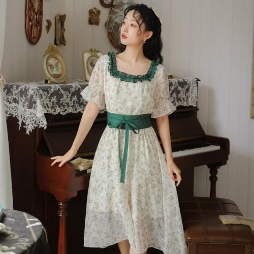 Floral Dress Women Summer 2021 Short Sleeve Dresses French Frill Square Collar Elegant Chic Bow Girdle Vintage Vestidos