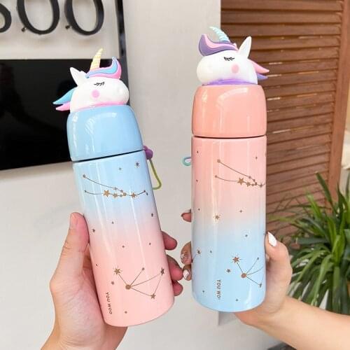 1pc Cartoon Unicorn Mug Gradual Change Small Fresh Literature And Art Botton Portable Stainless Steel Glass Sealed Outdoor