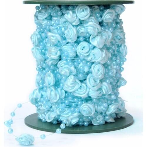 20 Meters Sky Blue Silk Rose Pearl Beads Garland Wedding Party Holiday Centerpiece Hanging Decoration Bride Bouquet Decoration