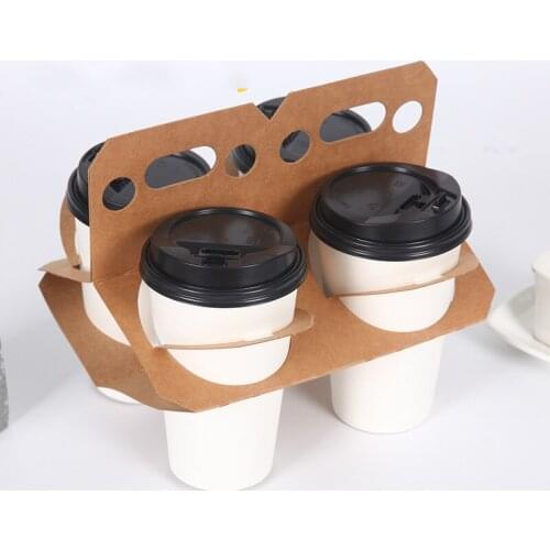 20pcs Disposable Double Four Grid Cup Holder Hand Takeaway Packaged Drink Coffee MIlk Tea Juice Kraft Paper Handle Cup Holder