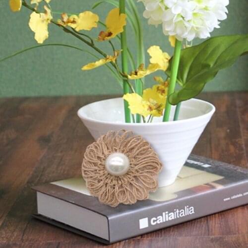 24pcs/lot Natural Jute Burlap Hessian flower with Artificial beads vintage wedding favor rustic wedding decoration centerpieces