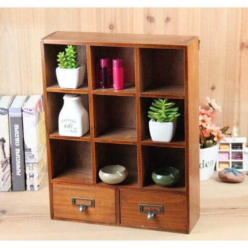 9-Cube Wooden Display Shelf With 2 Drawers Desktop Storage Organizer Wooden Decorative Sundries Storage Box Organizer Rack Wood