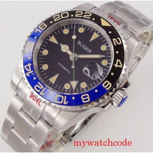 Bliger 40mm Black Dial GMT Mechanical Automatic Men Watch Sapphire Glass 904L Oyster Bracelet Date