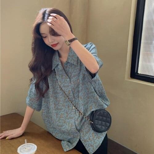 Plus Size Blouse Short-sleeved Chiffon Shirt Summer Loose Korean Retro Floral Blouse T-shirt Polo Shirt Blouse Oversized Shirt