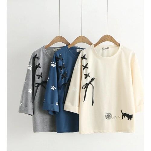 Kawaii 3/4 Sleeve Cat Caddice ball Embroidery Blouse Women Sweet Harajuku Tops Loose Casual Tee Shirts