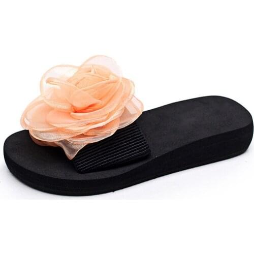 Plus Size 34-42 Summer Women Slippers Beach Shoes Woman Chiffon Flower Platform Slippers Casual Shoes Women XKD8013