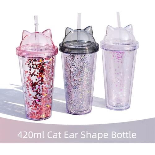 420ml Drinking Cup Cute Creative Cat Ear Shape Glitter Star Plastic Straw Water Bottle Reusable Creative Photo Student Girl Gift