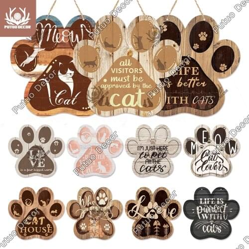 Putuo Decor Cat Sign Paw Shaped Wood Sign Rustic Wood Hanging Plaque Sweet Plate for Home Decoration Cat House Gift Wall Decor