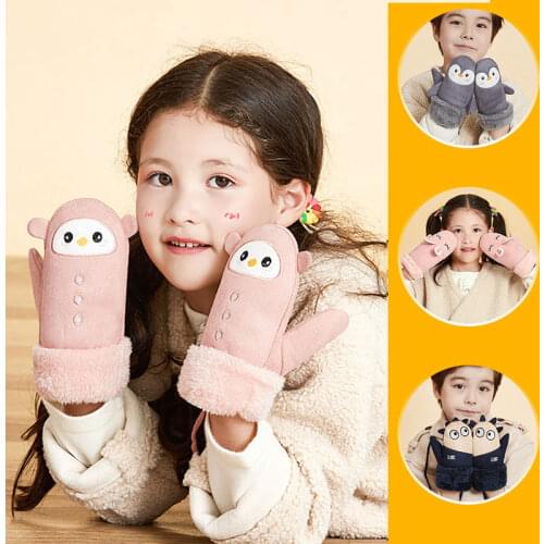 Children Cartoon Ski Gloves Winter Outdoor Windproof Waterproof Warm Boys Girls Suede Mittens Fleece Gloves for Kids 6-10 Years