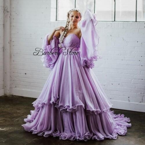 Exquisite Lavender Chiffon A-line Prom Gowns With Riffles Sleeves Lush Draped Girls Dressing To Graduation Party Custom Made