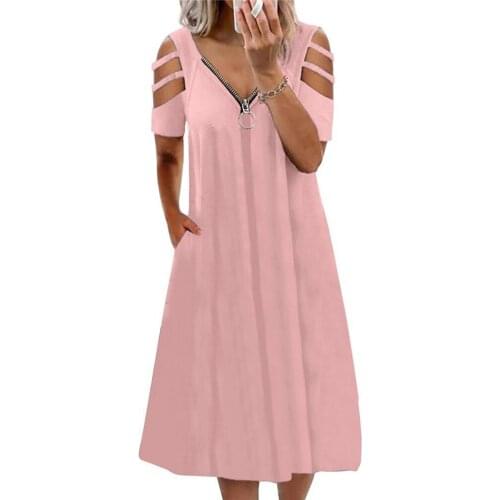 Summer Chic Women Dress Plus Size Zipper V Neck Pocket Solid Color Sundress Fashion Hollow Out Pockets Midi Dresses Party