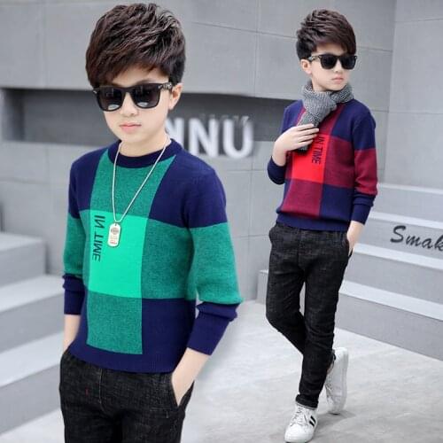 Foreign Trade Boys Casual Plaid Pullovers Childrens Round Neck Knitted Sweaters Plus Size Kids Velvet Warm Cotton Knitwear B107