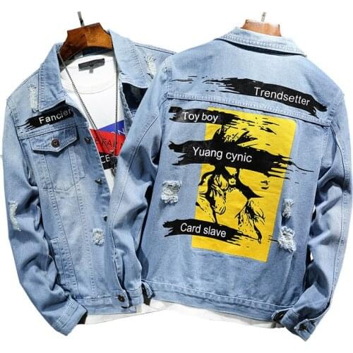 Mens Spring and Autumn Denim Jacket Hip Hop Street Printed Jean Jackets Male Fashion Ripped Slim Fit Cowboys Coat Tops Hommes