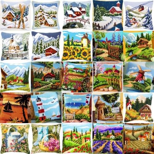 DIY Needlework Kit Unfinished Acrylic Yarn Embroidery Pillow Tapestry Canvas Cushion Front Cross Stitch Pillowcase Scenery