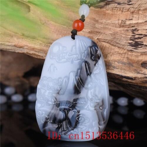 Natural Black White Jade Landscape Pendant Beads Necklace Jewellery Fashion Accessories Hand-Carved Man Amulet Sweater Chain