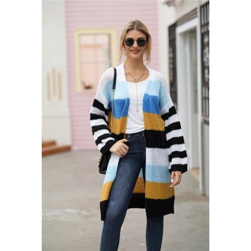 H80&S90 New Women Striped Long Cardigans Autumn Winter Knitted Sweaters Casual Coats Fashion Patchwork Cardigan Sweaters Clothes
