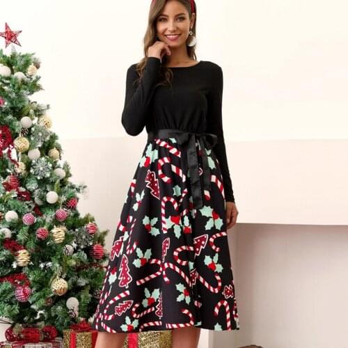 Autumn Winter Christmas O-Neck Dresses Women Vintage Robe Swing Pinup Elegant Party Dress Long Sleeve Belt Santa Claus Printing