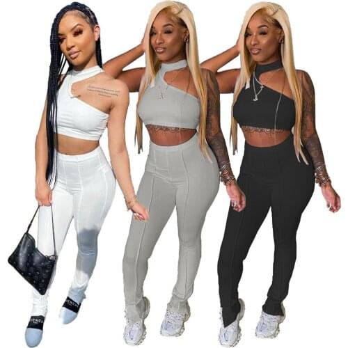 Casual Women Two Piece Set One Shoulder Crop Top+ Short Pants Sportsuit Split Out Summer Clothes For Women Solid Color Outfit