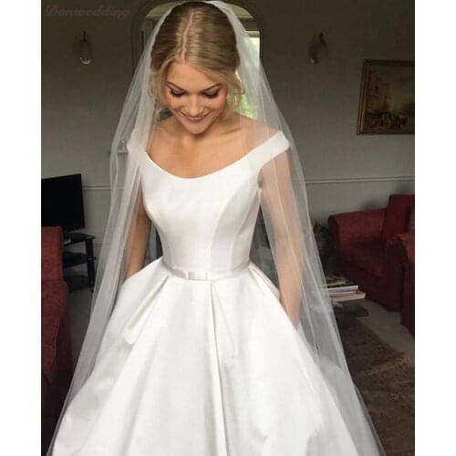 Simple Satin Wedding Dresses Boat-Neck Chapel Train Satin Sashes A-Line Bridal Dress Back Is Lace-Up Wedding Gown New Arrival