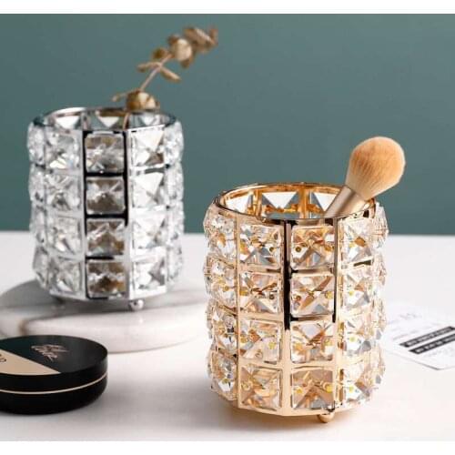 Luxury Crystal Glitter Square Metal Makeup Brush Tools Holder Bucket Cosmetic Storage Jewelry Box Decorative Ornaments