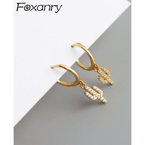FOXANRY Prevent Allergy 925 Sterling Silver Hoop Earrings Ear Buckle Trendy Elegant Sparkling Zircon Cactus Design Bride Jewelry