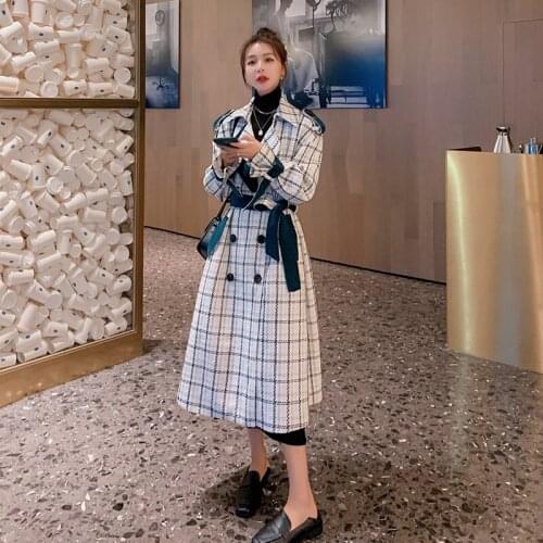 Woolen Coat Female Winter Thicken Long Thick Plaid Splicing Retro Fashion Double-Breasted 2020 New Lapel Warm Women Jacket D2