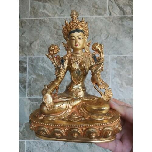 Handmade Tibetan 8" Green Tara Buddha Statue Buddhism Meditation Gilt Bronze