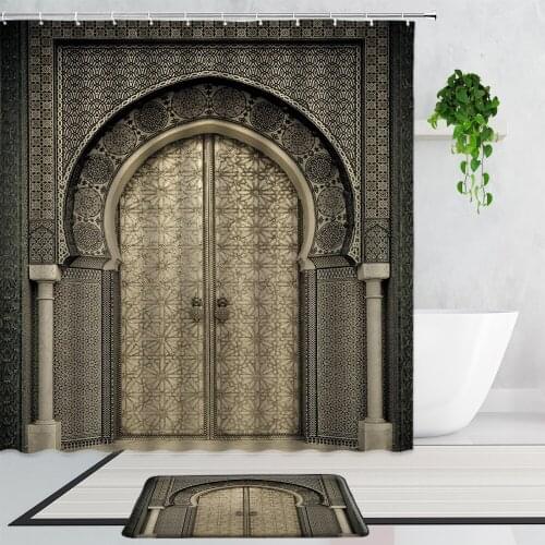 Moroccan Decor Shower Curtain Aged Gate Geometric Pattern Doorway Design Oriental Style Bathroom Curtains Set Non-Slip Carpet