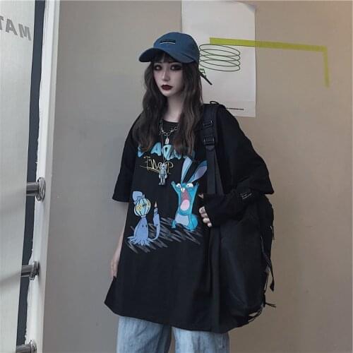 2021 New Summer Womens T-shirt Large Size Loose Top Female Fashion Cartoon Printing Short Sleeve Japanese Tide