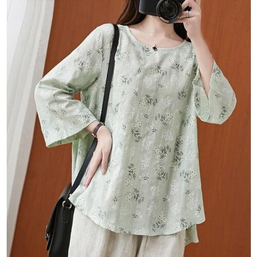 Big Size Women T shirt Cotton Linen O neck Loose Thin 2021 Autumn Spring Fashion Print Women Blouse YoYiKamomo