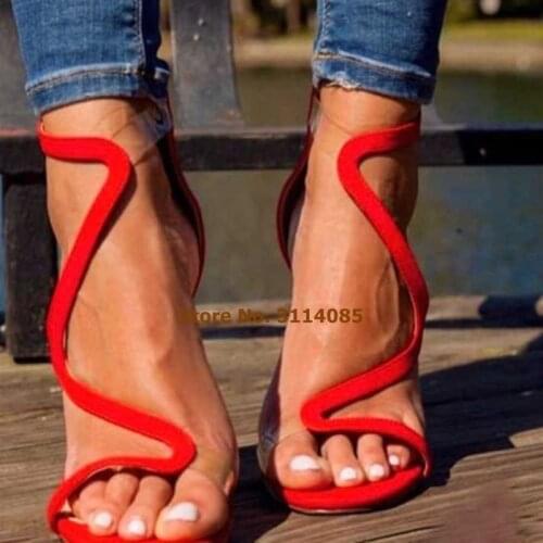 Women Exquistie Red Sude S-Shape Gladiator Sandals Clear PVC Strap Patchwork Wedding Shoes Stiletto Heels Banquet Pumps Sale
