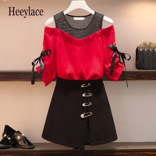 Plus size women set Summer korean 2 Piece set Women Ribbon Bowknot Mesh stitching Strapless top and irregular skirt Suits