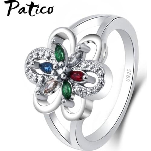 Fashion Crystal Flower Rings For Women AAA Colorful 925 Sterling Silver Wedding Finger Ring Fine Jewelry Bague