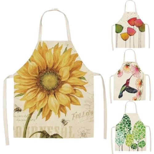 1 Pcs Retro Flower Pattern Kitchen Apron for Woman Sleeveless Cotton Linen Aprons Home Cooking Baking Bibs Cleaning Tools
